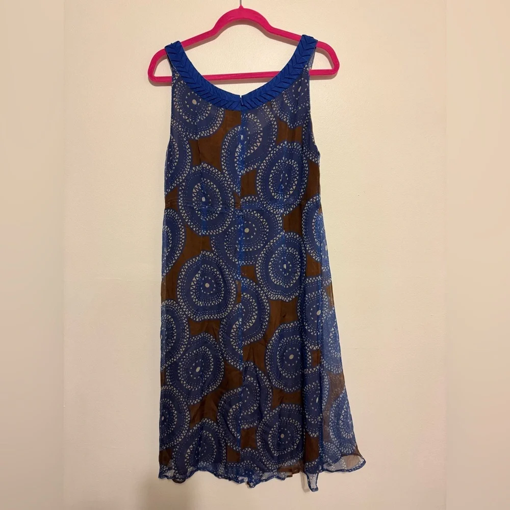 Tory Burch Silk Blue Brown Florisa Sleeveless Dress Geometric Circle Print Sz 12